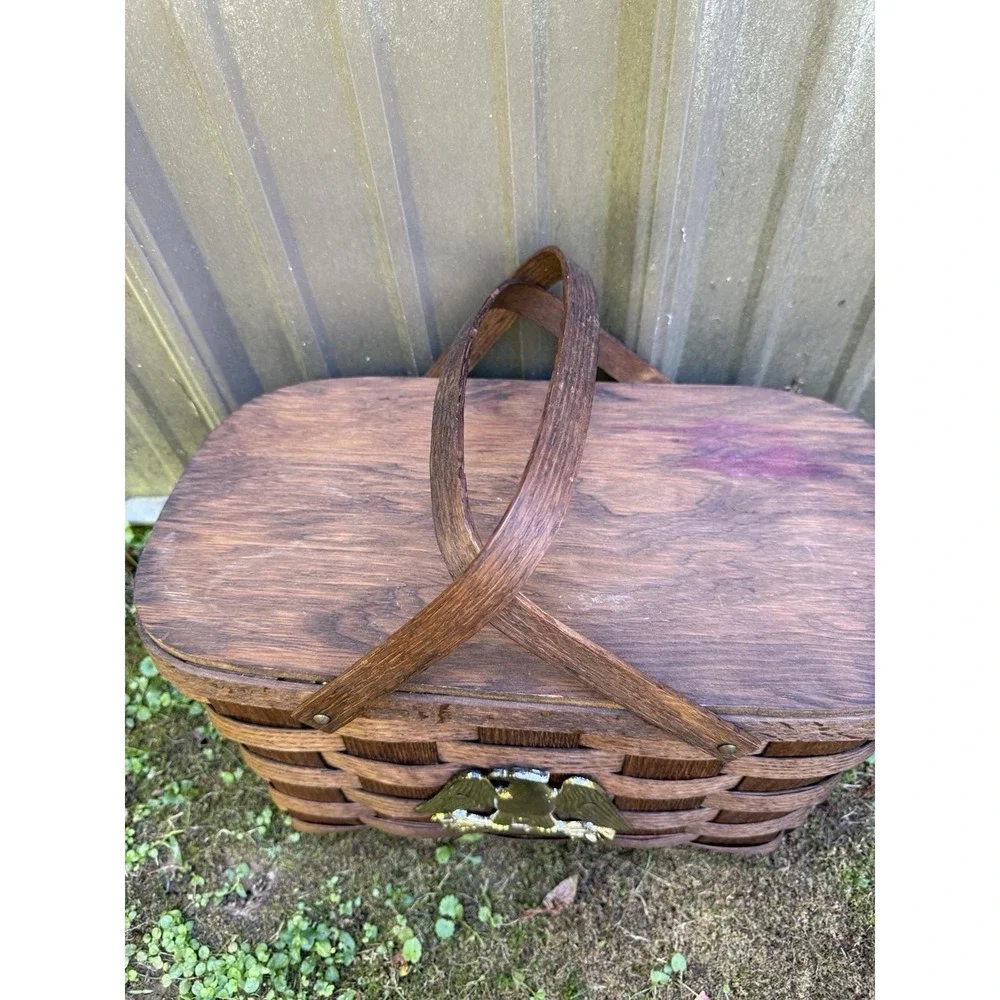 Vintage Woven Wood Picnic Basket with Brass Eagle Emblem and Plastic Dish‎ Set